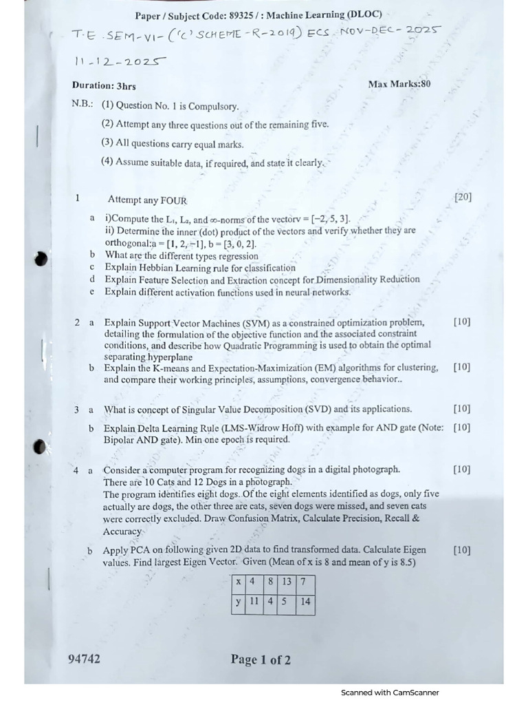 Nov - Dec 2025 Machine Learning SEM VI ECS | PDF