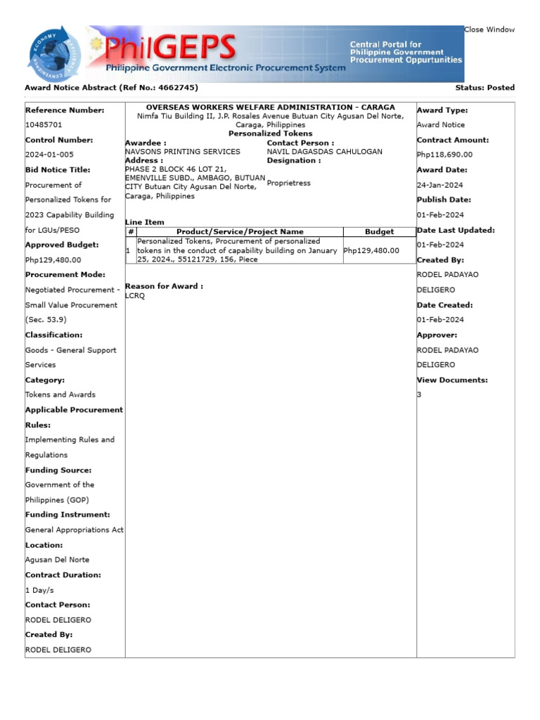 PhilGeps Posting of NOA (For Personalized Tokens) | PDF