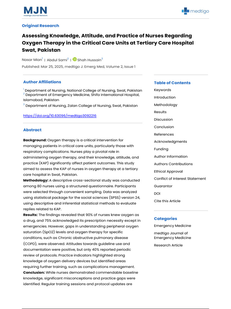 Assessing Knowledge, Attitude, and Practice of Nurses Regarding Oxygen ...