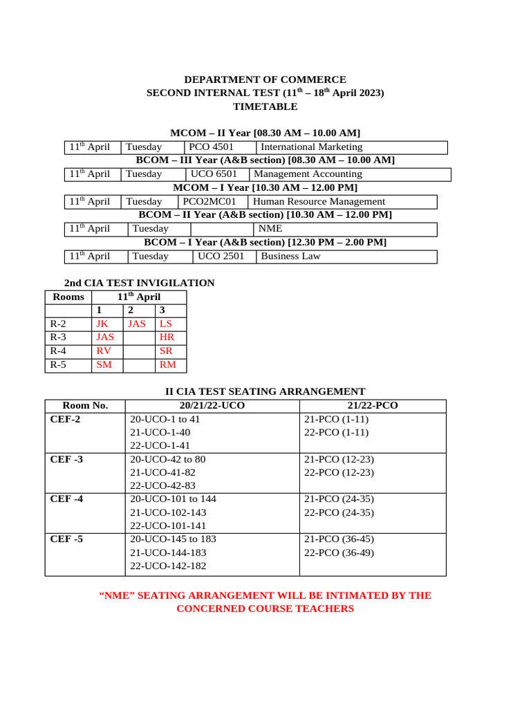 11th April CIA Test Time Table | PDF