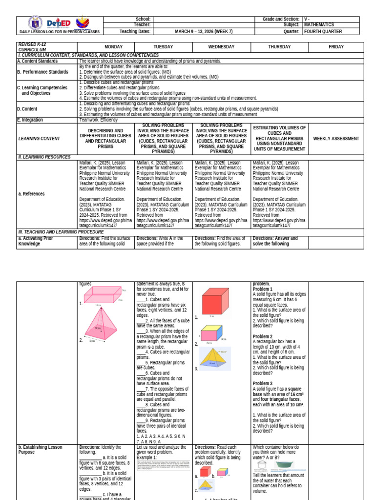 G5_MATH_DLL_Q4_W7 | PDF | Volume | Area