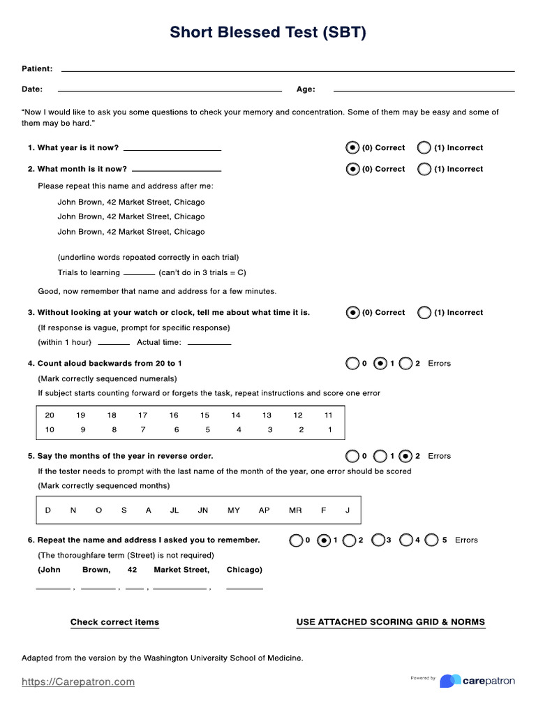 Short Blessed Test Example | PDF | Dementia | Clinical Medicine
