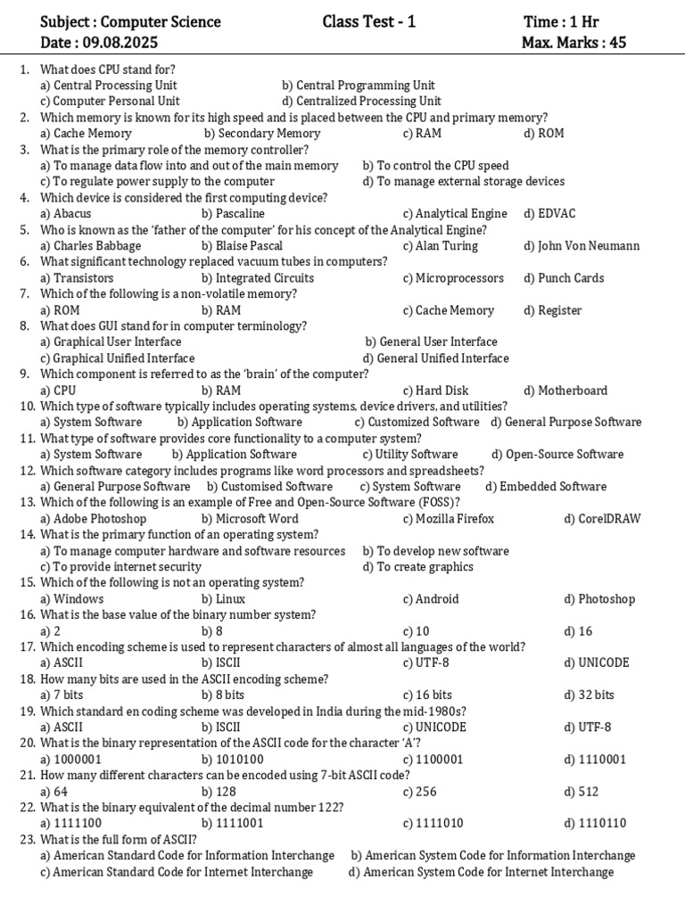 Class Test-1 | PDF | Computer Data Storage | Ascii