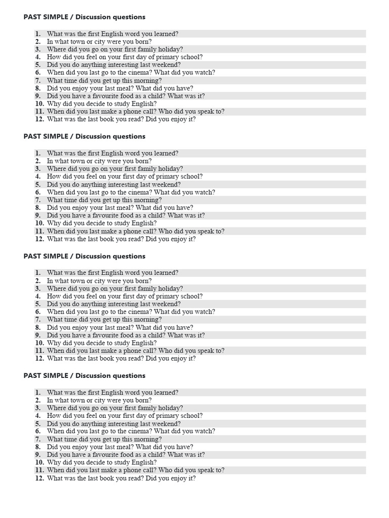 PAST SIMPLE Discussion Questions | PDF