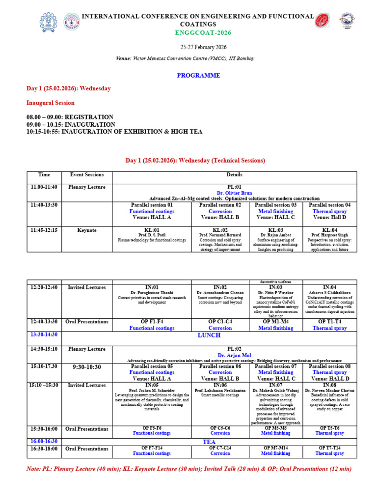 Tentative Program Schedule Enggcoat-2026-12Feb2026 | PDF | Corrosion ...