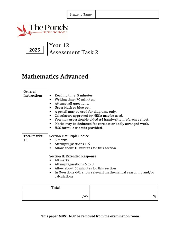 2025 Year 12 Advanced Task 2 VS 2 | PDF | Area | Velocity