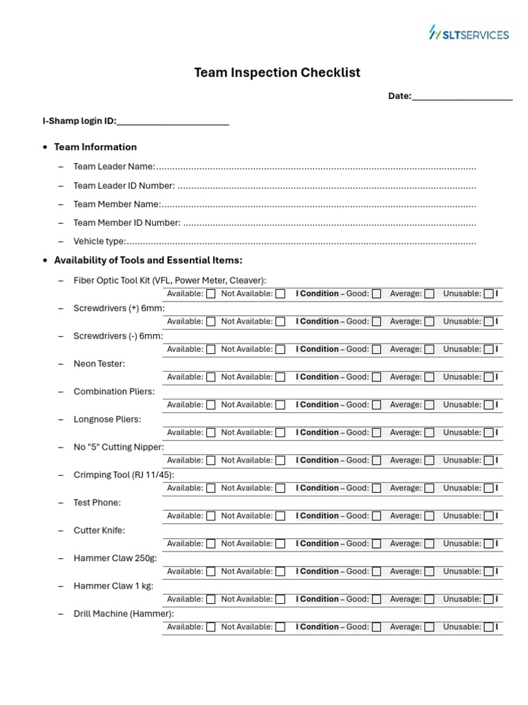 Team Inspection Check List | PDF | Cutting Tools | Equipment