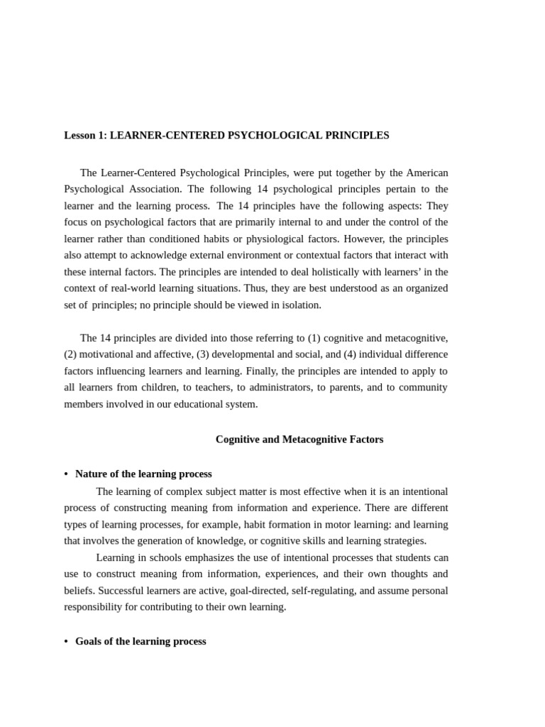 Learner-Centered Psychological Principles (Reading Material) | PDF ...