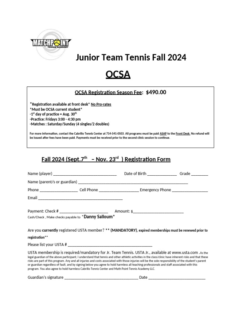 OCSA JTT Registration Form Fall 2024 | PDF