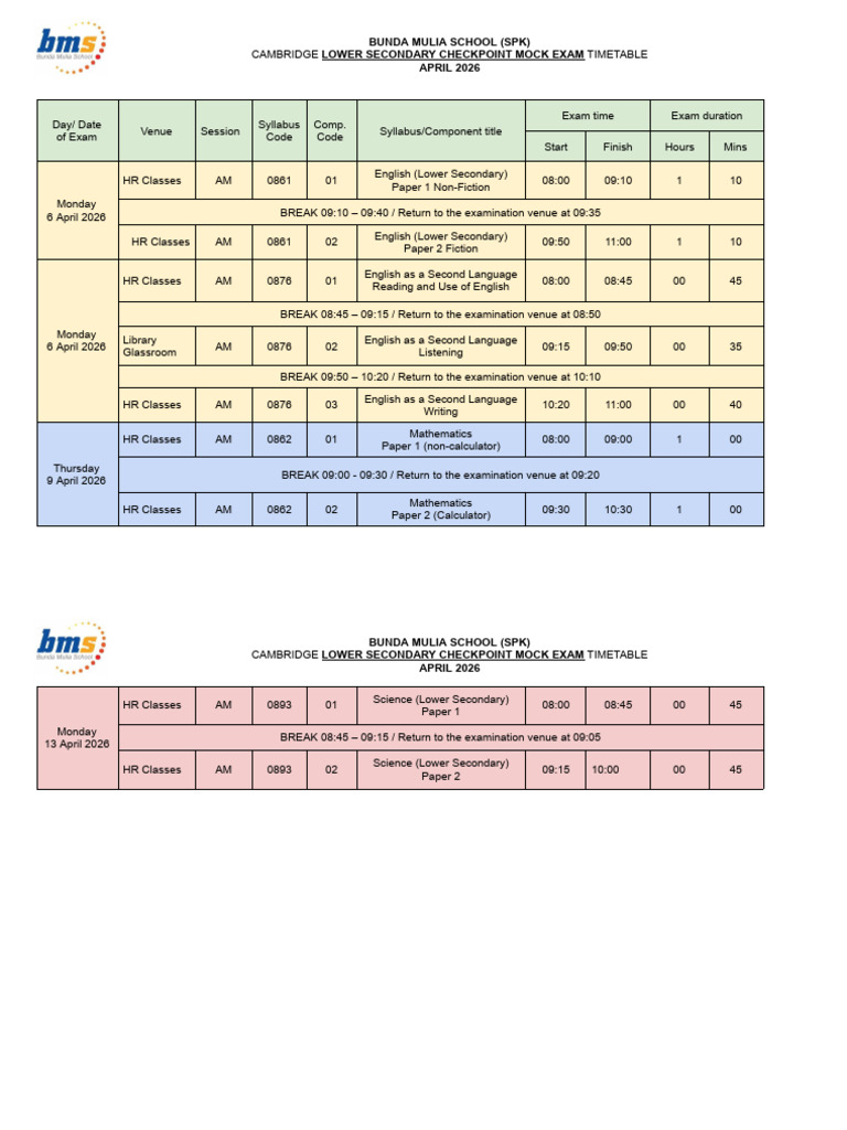 Lower Secondary Mock Checkpoint Timetable April 2026 | PDF | Schools ...