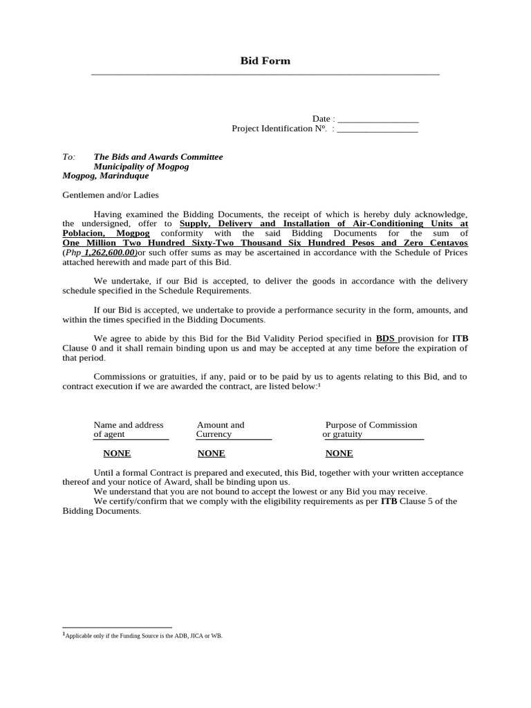 Bid Form for the Procurement of Infrastructure Projects | PDF