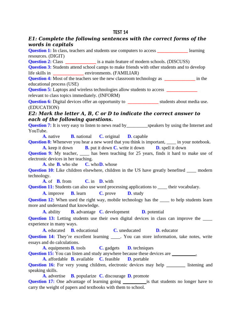 Test 14 | PDF | Teachers | Human Communication