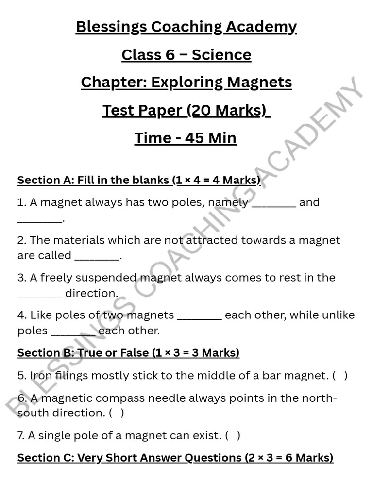 Test - Exploring Magnets - Class 6 | PDF