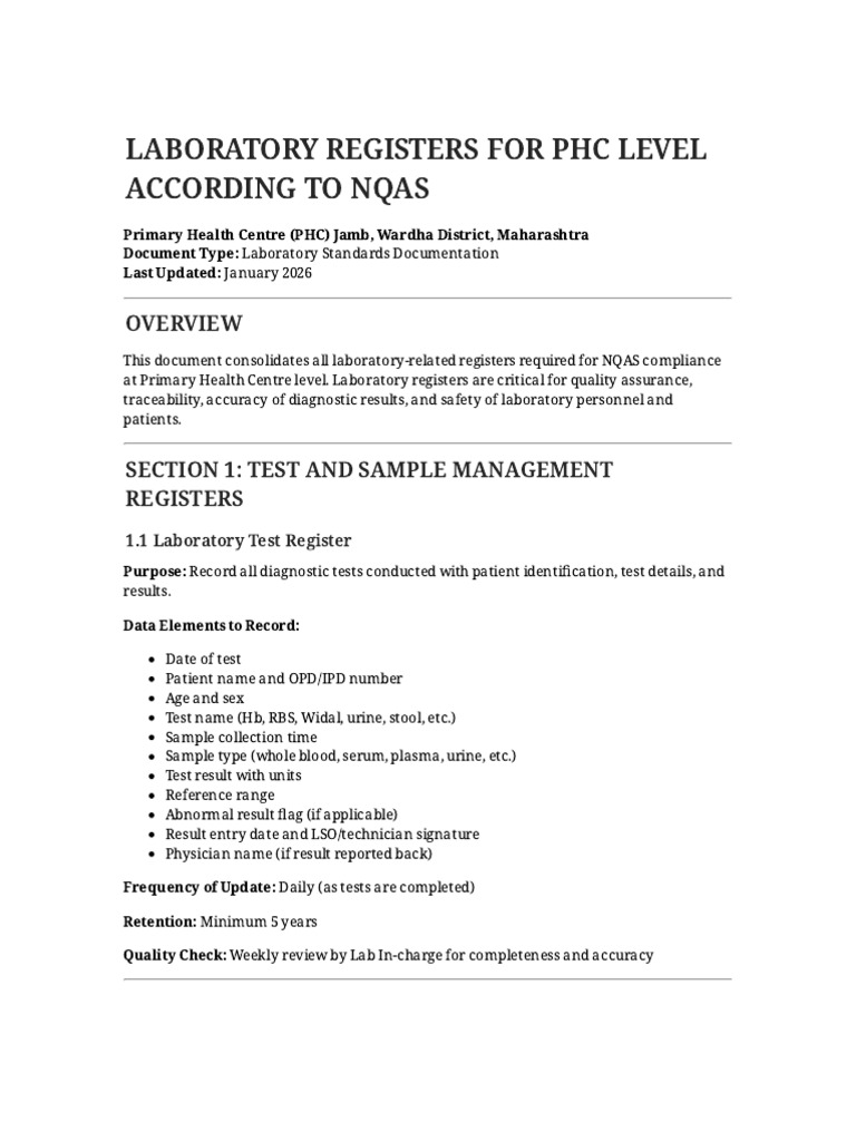 PHC Laboratory Registers NQAS | PDF | Verification And Validation ...
