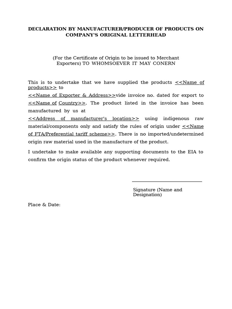 Template Manufacturer-Producer's Declaration | PDF