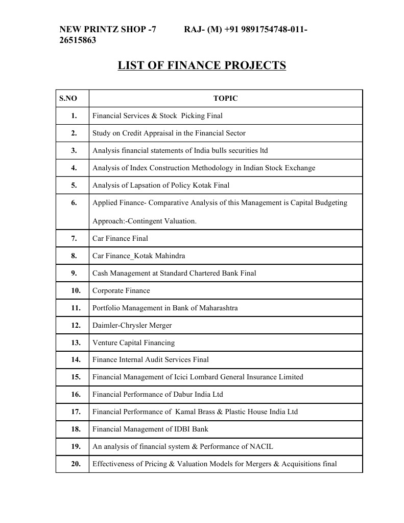 List of Finance Projects Final (1) Mutual Funds Banks