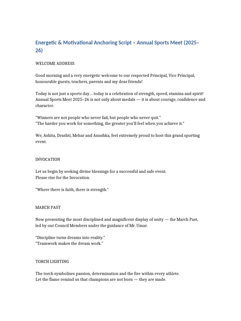 Long Motivational Energetic Sports Anchoring Script 2025-26 | PDF