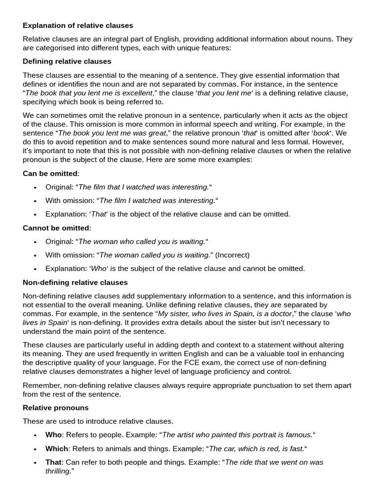 Relative Clauses Explanation | PDF | Sentence (Linguistics) | Subject ...