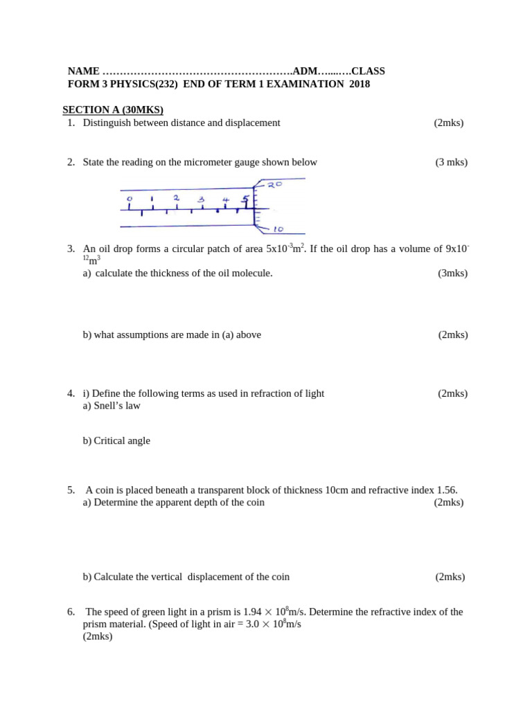 Physics Form 3 End of Term 1 2018 | PDF | Velocity | Refraction