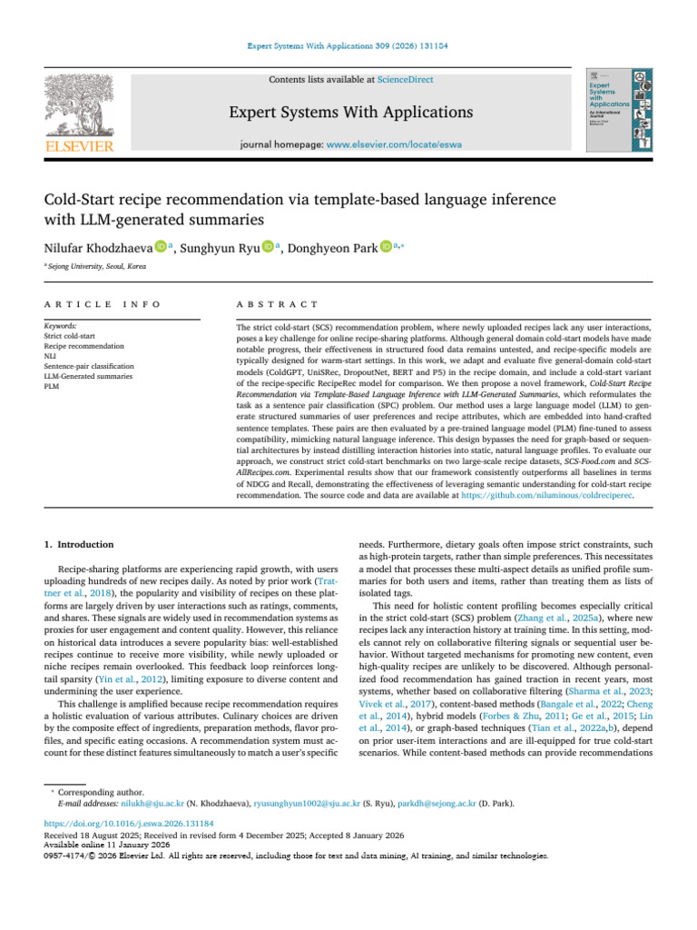 Cold Start Recipe Recommendation Via Template Based L 2026 Expert ...