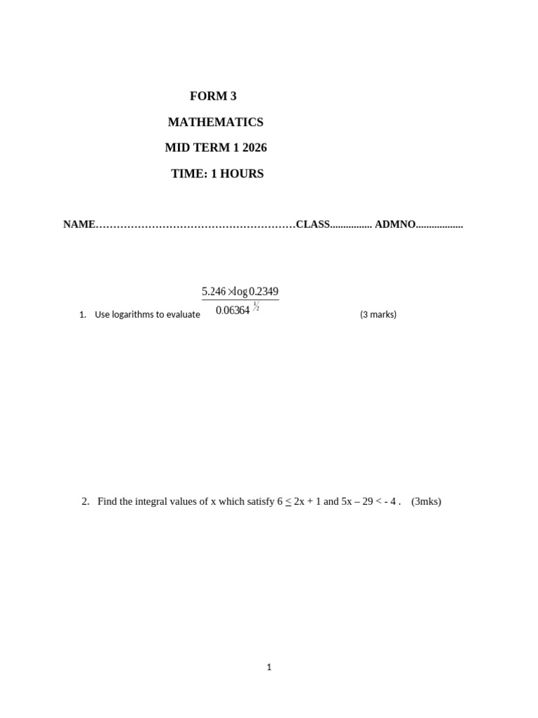 Mid Term Exam Math - F 3 Final | PDF