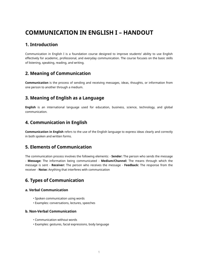 Communication in English I Handout | PDF | Communication | English Language
