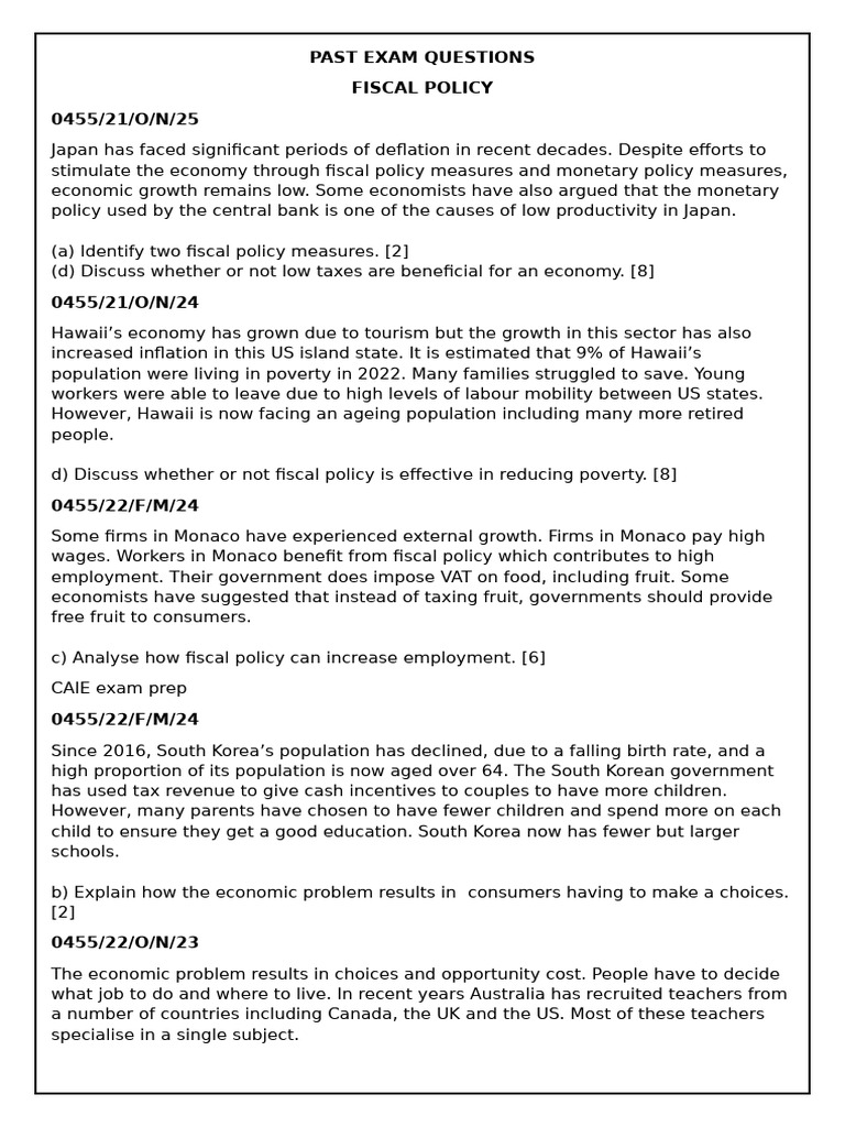 Past Exam Questions Igcse Unit 4 | PDF | Taxes | Government Budget Balance