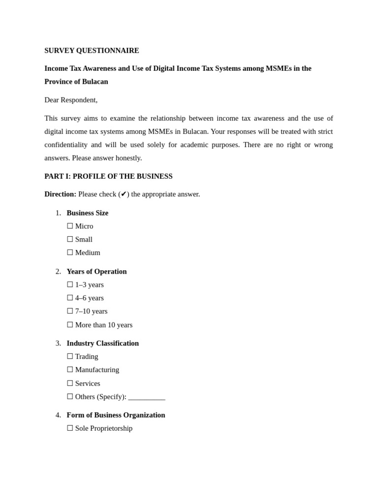 Xxfinal Survey Questionnaire Tax | PDF | Taxes | Tax Deduction
