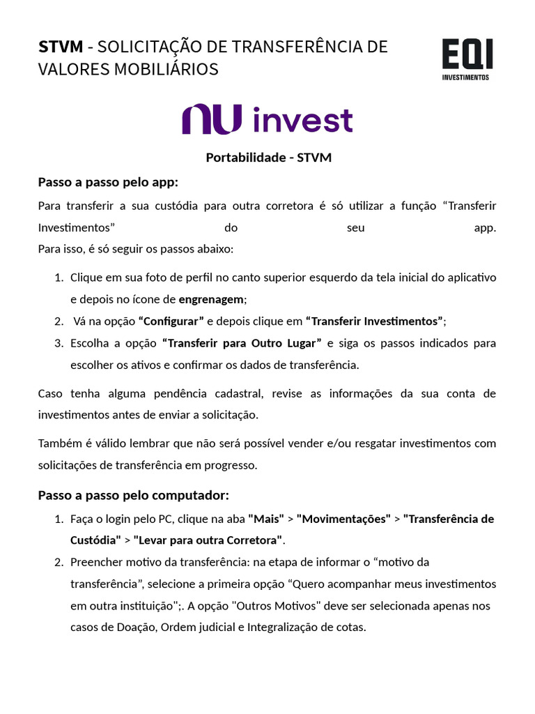 Portabilidade STVM NuInvest | PDF