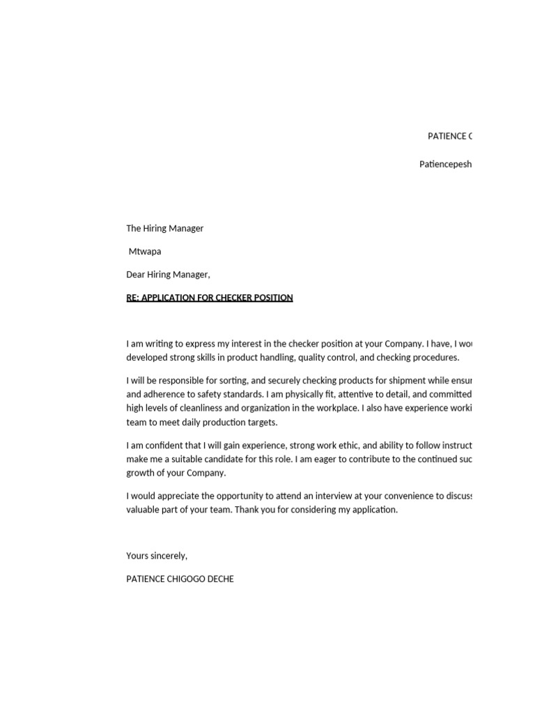 Re: Application For Checker Position | PDF