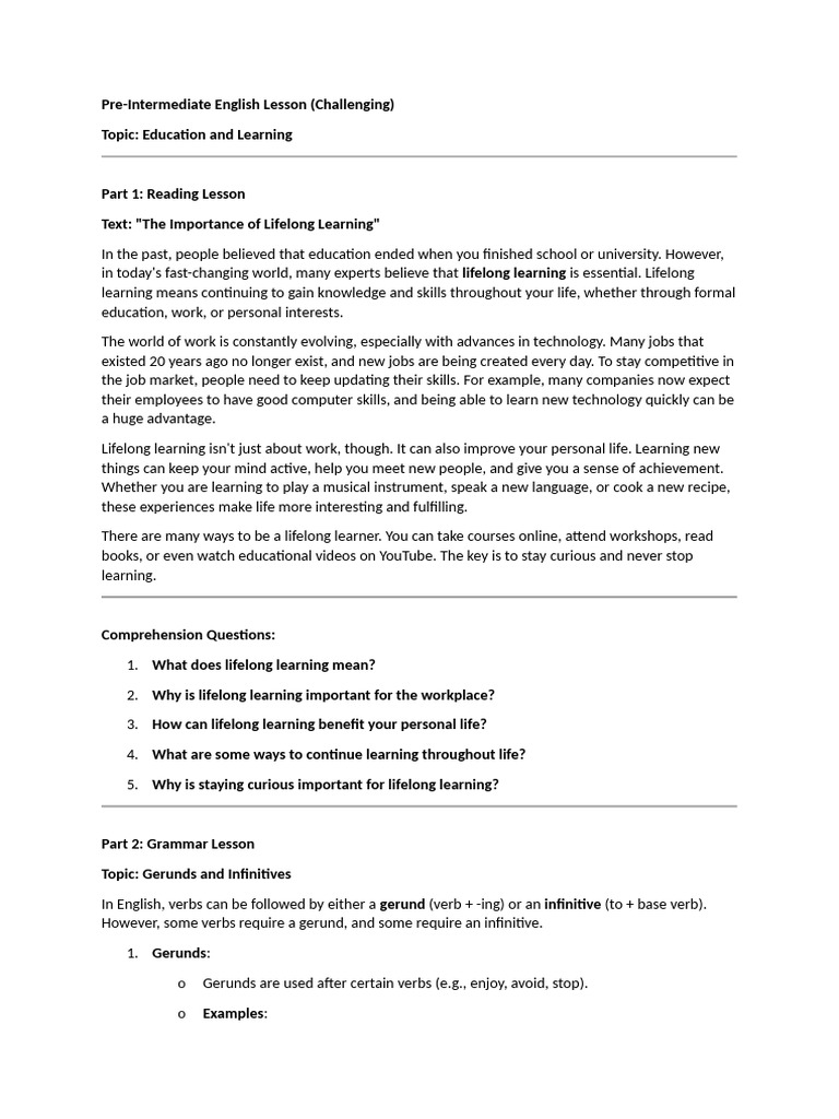 Pre Intermediate - Education and Learning | PDF | Learning | Lifelong ...