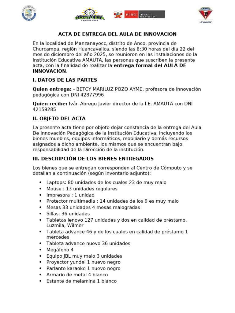 Acta de Entrega Del Centro de Cómputo | PDF | Equipo de oficina ...