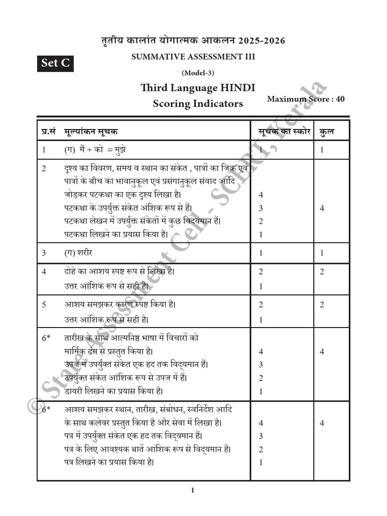 SCERT Kerala SSLC New Pattern Model Question Paper 2026-HINDI Set C ...