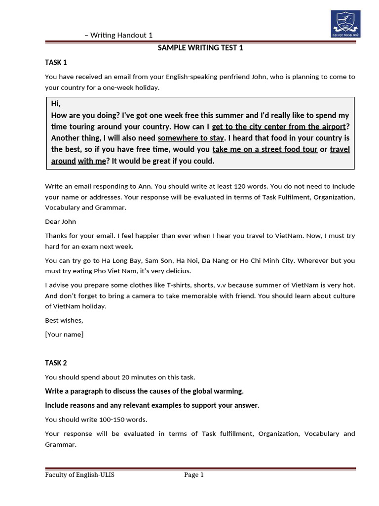 2 Sample Writing Tests - Vstep B1+key | PDF | Hanoi | Climate Change