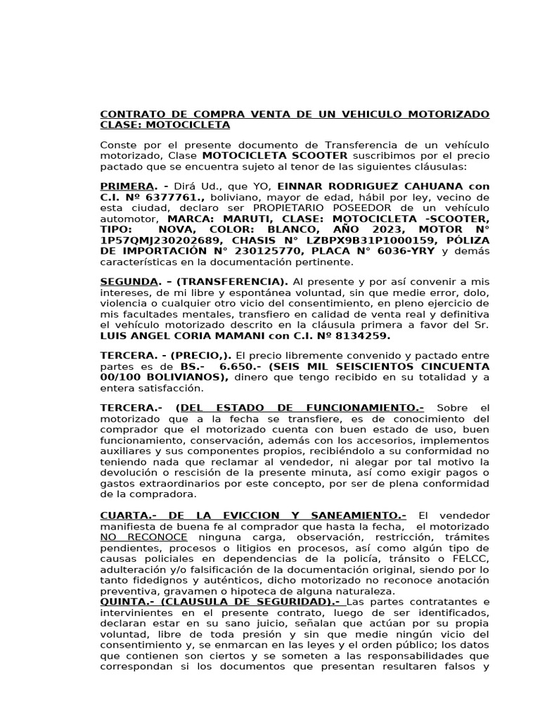 Contrato de Compra Venta de Un Vehiculo Motorizado Clas3 | PDF