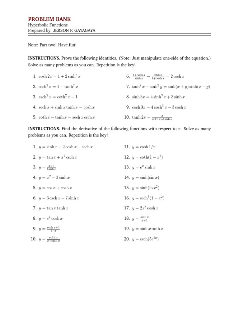 Calculus 1 Hyperbolic Problem Bank | PDF | Mathematical Physics ...