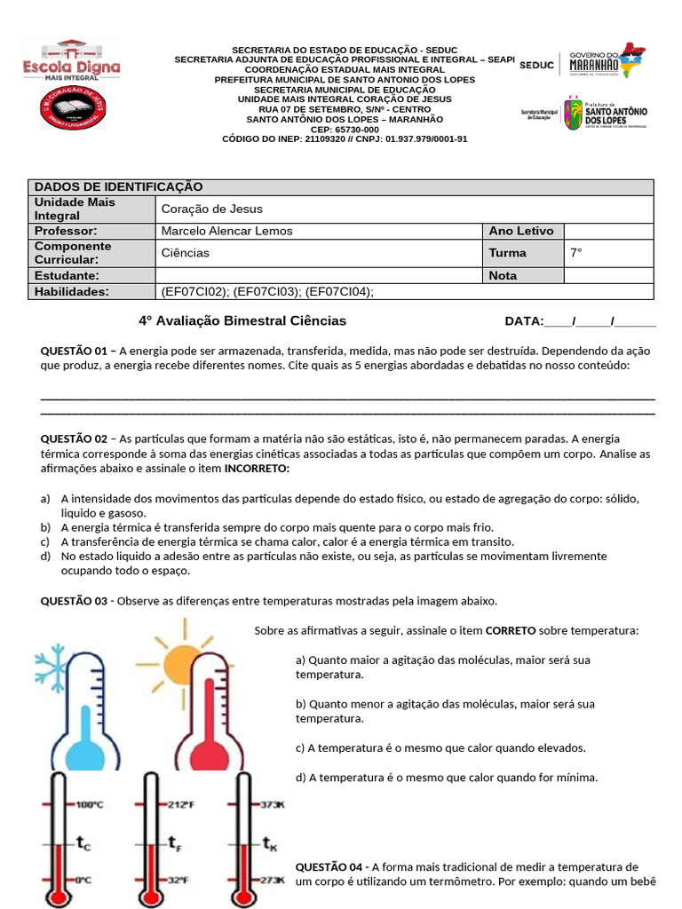 4° Avaliação CIÊNCIAS 7° ANO | PDF | Temperatura | Calor