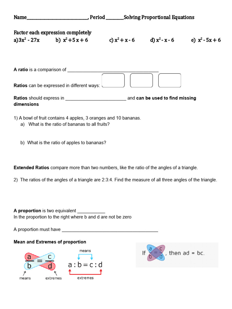 Ratios and Proportions With Challenge Proportions For Honors Geometry ...