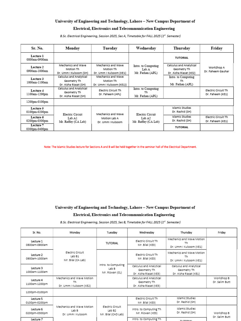 Time Table Fall 2025 Electrical Department | PDF | Physical Sciences ...