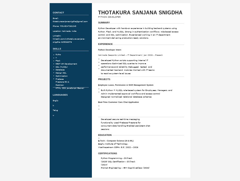 Sanjana Python Developer | PDF | Sql | Databases