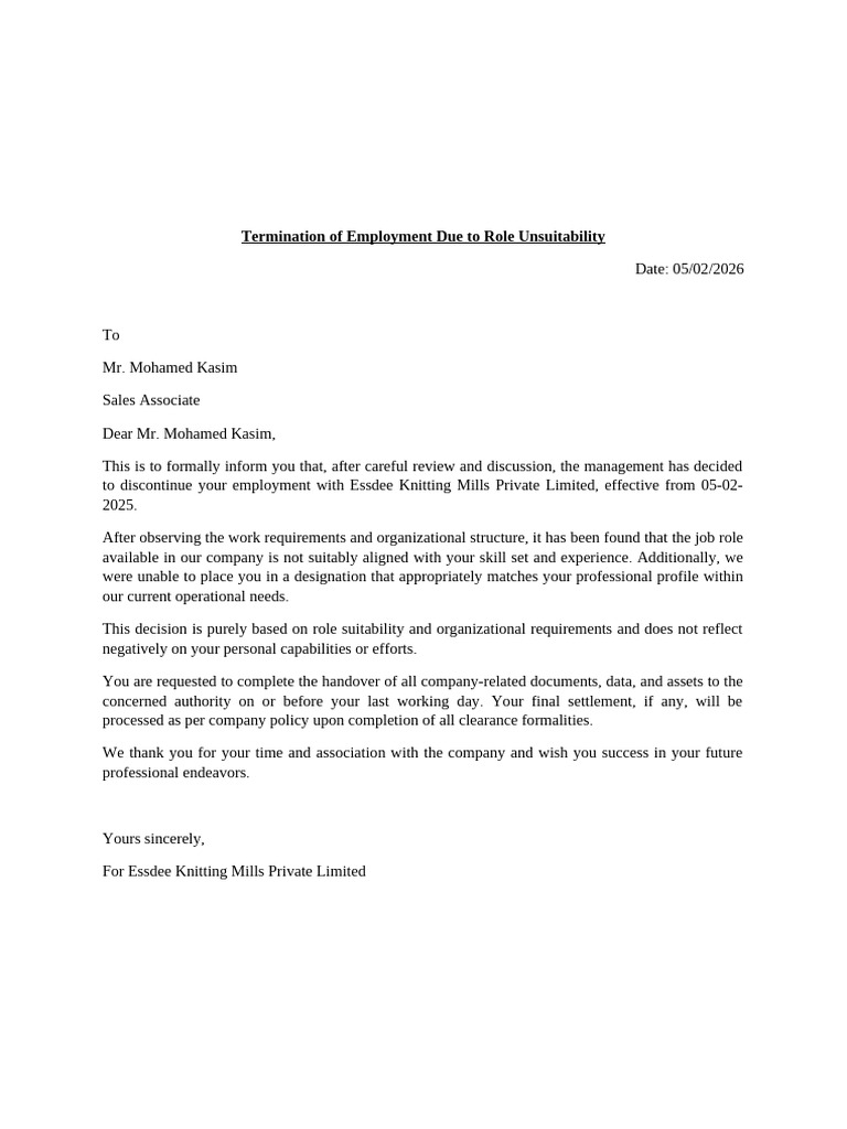 Termination of Employment Due To Role Unsuitability-Kasim | PDF