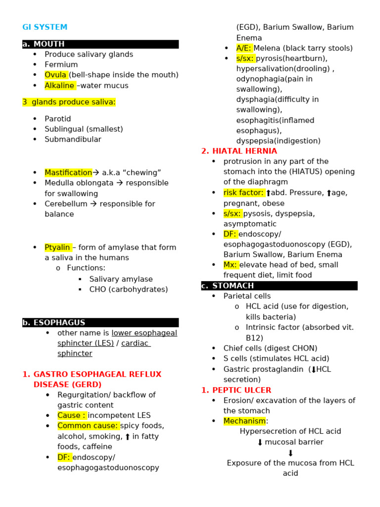 GI SYSTEM Review NOTES | PDF | Esophagus | Indigestion