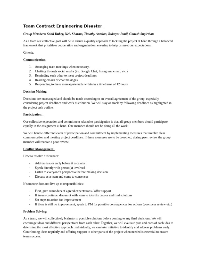Team Contract - Engineering Disaster | PDF | Human Communication