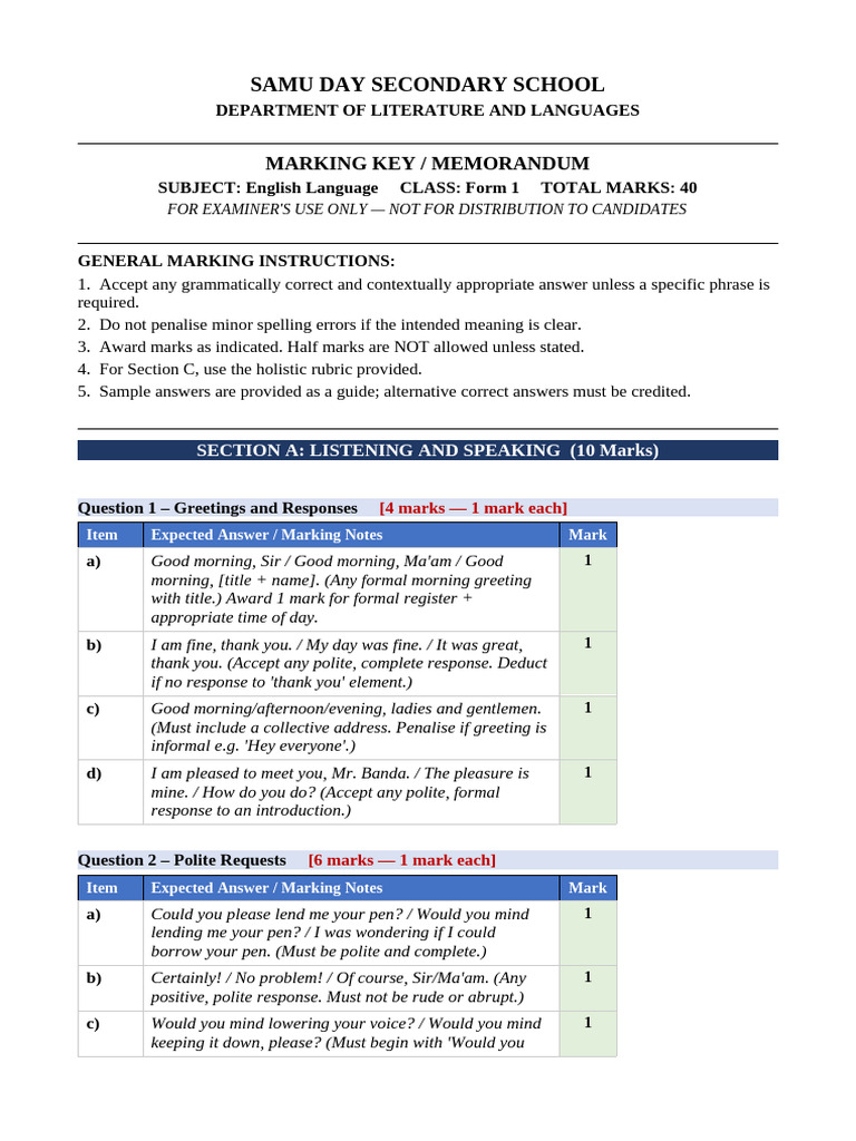 Form1 English Test MarkingKey | PDF | Question | Linguistics