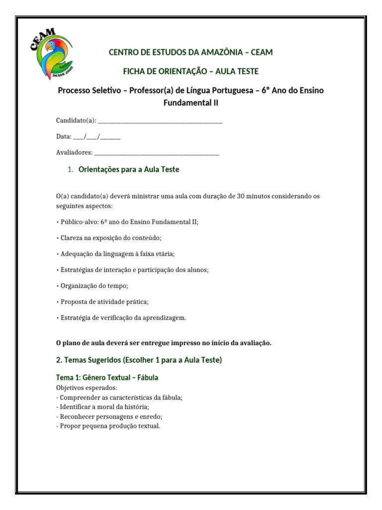 Ficha Avaliacao Aula Teste CEAM | PDF | Lição | Avaliação