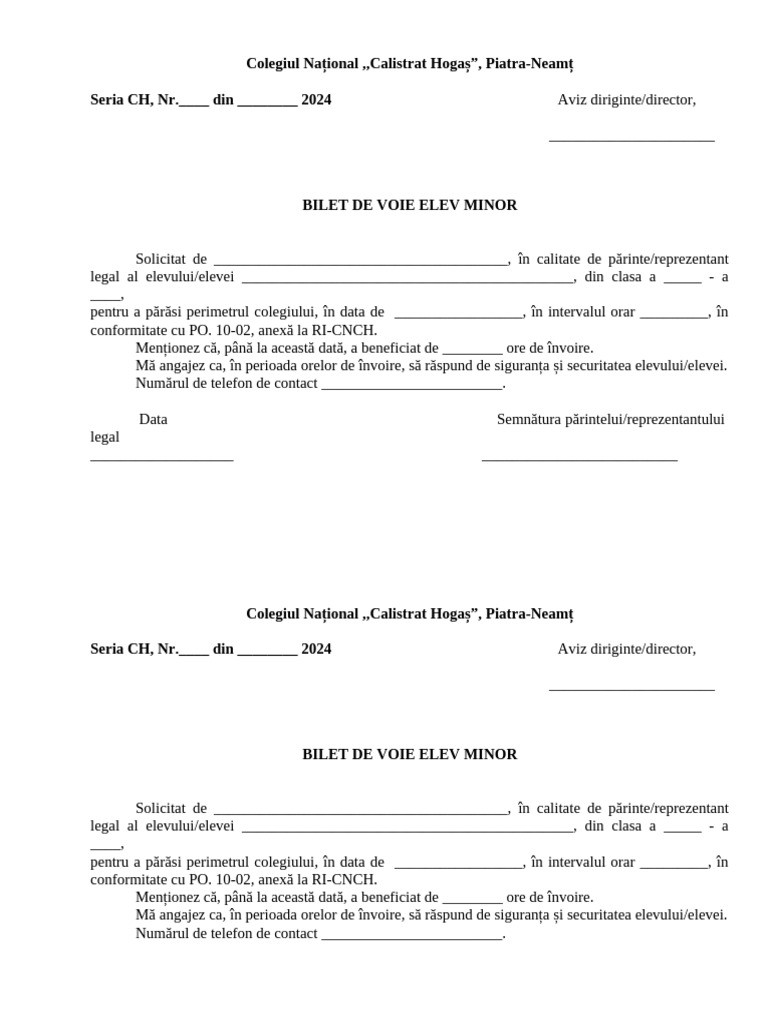 Bilet - Cerere Invoire Minor | PDF