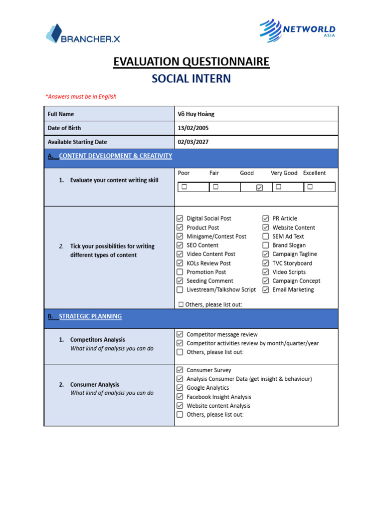 Social Intern - Evaluation Questionnaire | PDF | Adobe Illustrator