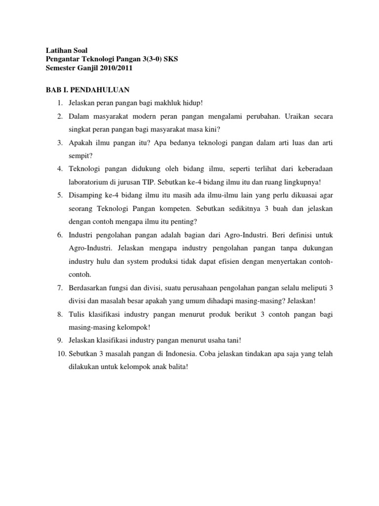 Soal Pengantar Teknologi Pangan 2011