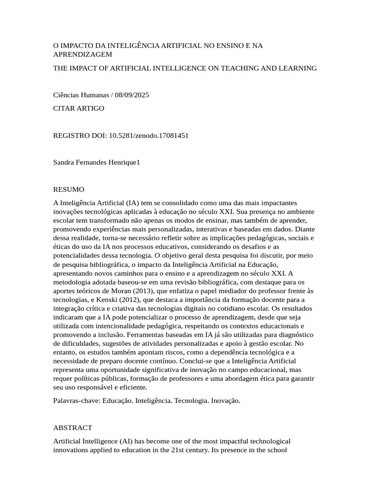 O Impacto Da Inteligência Artificial No Ensino e Na Aprendizagem | PDF ...