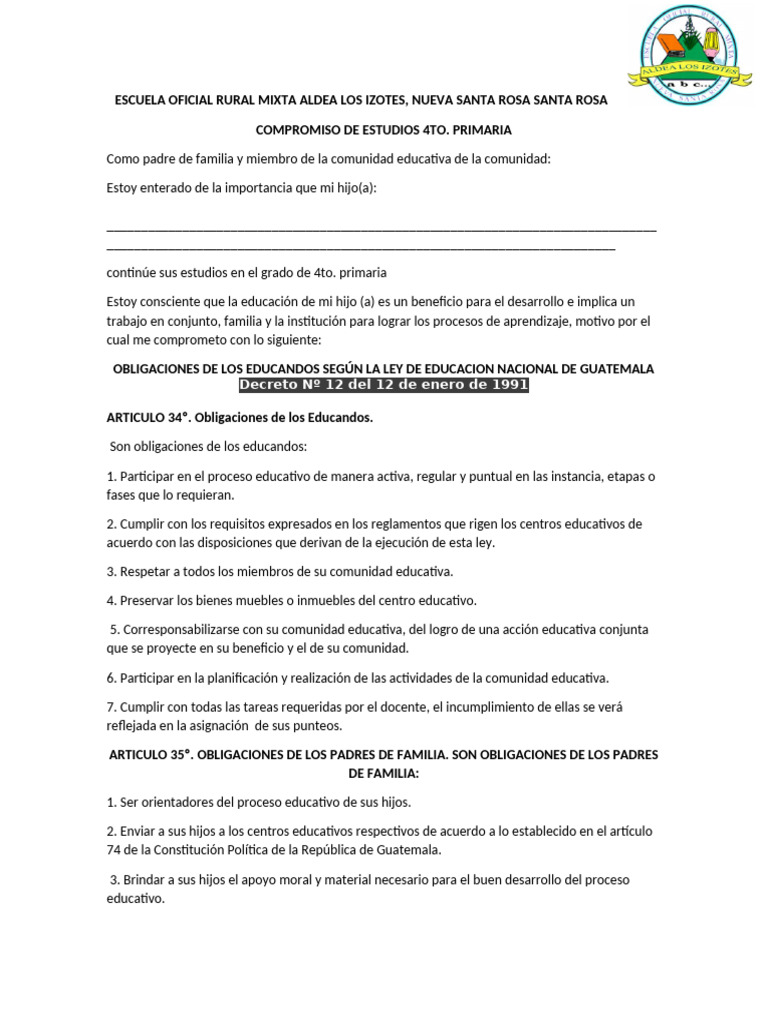 Compromiso de Estudios 4to. Primaria | PDF